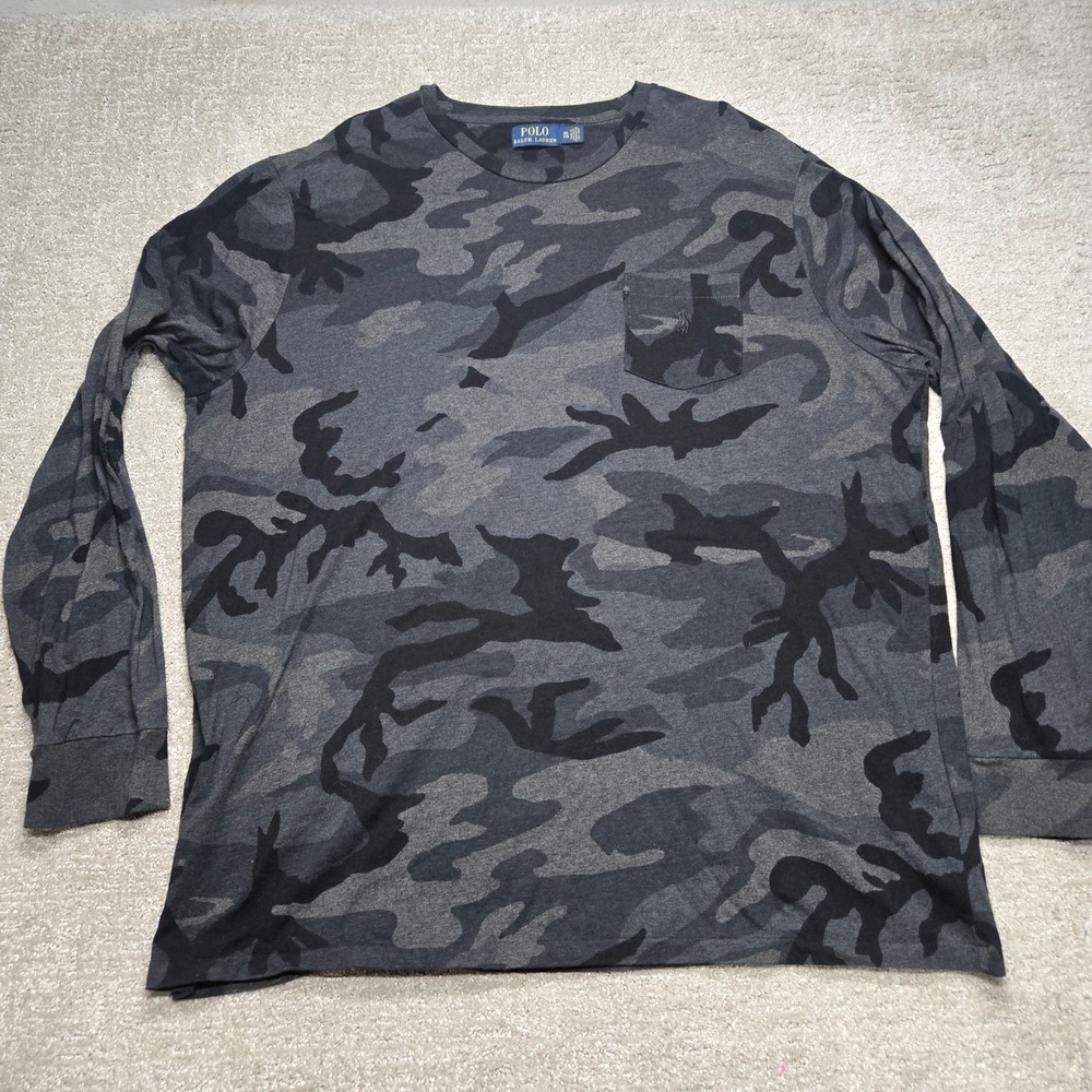 Polo Ralph Lauren Mens XXL Camo Long Sleeve Pocket T-Shirt Gray Black Camouflage